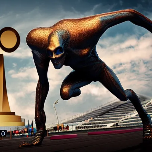 Prompt: * * mysterious alien wins the 1 0 0 meter dash in the olympics, 3 d render, intricate