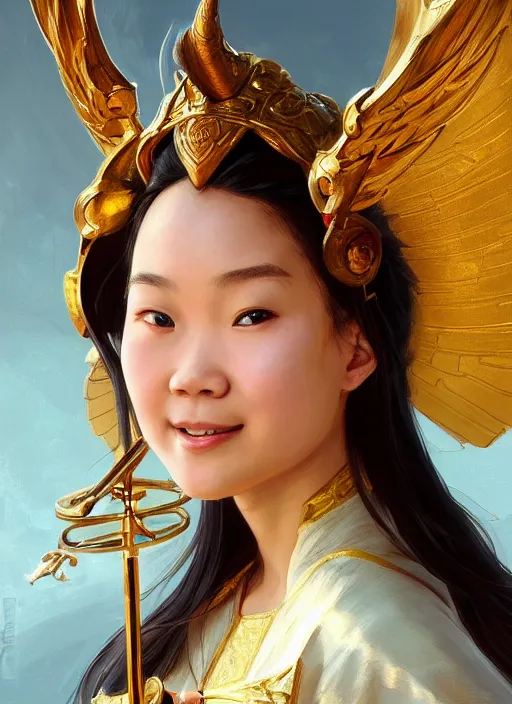 Image similar to Close-up portrait of smiling young asian woman wearing a winged helmet and a robe, holding a magic staff, portrait, highly detailed, digital painting, artstation, concept art, sharp focus, illustration, art by artgerm and greg rutkowski and alphonse mucha