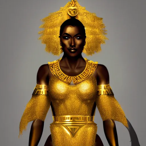 Prompt: photo illustration painting of black attractive woman in golden warrior outfit with golden ornaments not cover arms and body, digital painting trending artstation pascal blanche