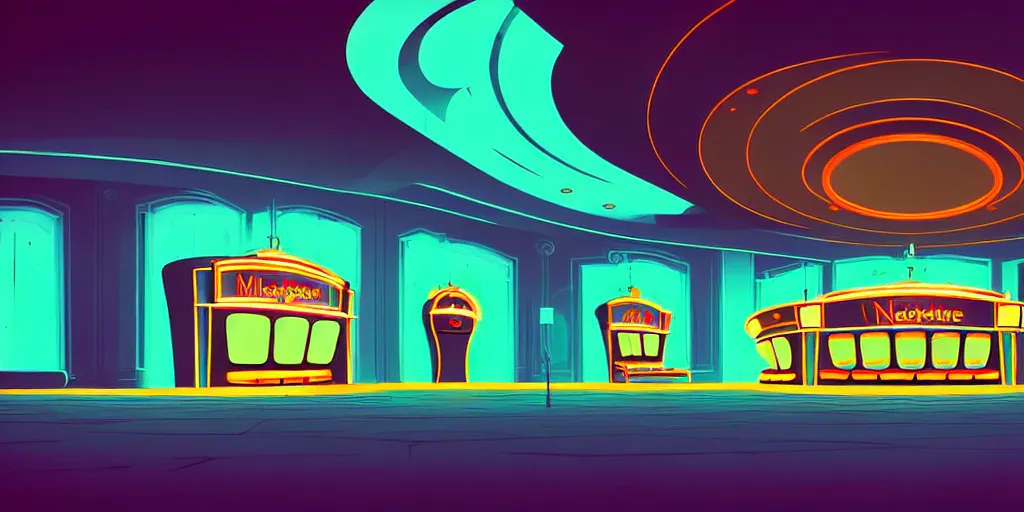 Image similar to minimalistic extreme wide angle curved perspective digital art of indoor casino with a stage pale colors by anton fadeev from nightmare before christmas