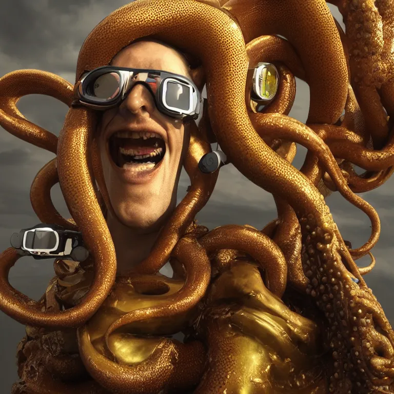 Image similar to octane render portrait by wayne barlow and carlo crivelli and glenn fabry, subject is a man in a wet suit with goggles with giant long golden octopus tentacles coming out of their mouth, cinema 4 d, ray traced lighting, very short depth of field, bokeh