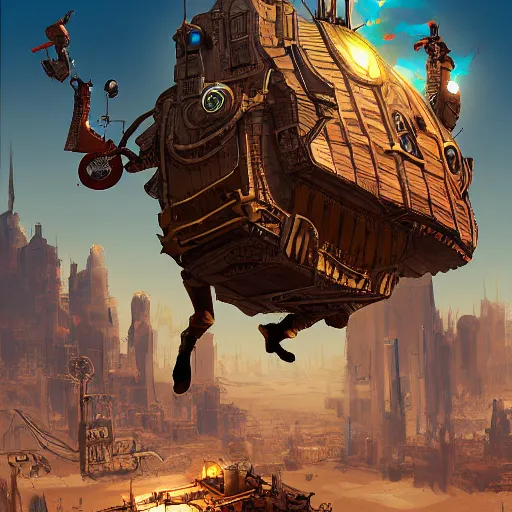 Prompt: Character jumping over a bustling steampunk city in the desert with a towering building made of scraps, digital painting, highly detailed, dynamic, concept art, game art, artstation