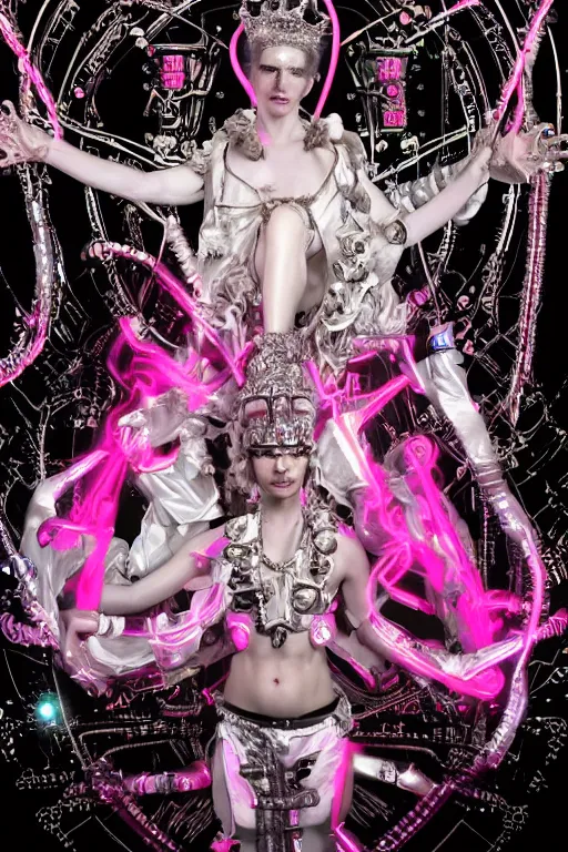 Image similar to full-body rococo and cyberpunk style neon statue of a young attractive portugues macho dotado android reclining sim roupa con piroca, glowing white laser eyes, prince crown of pink gears, diamonds, swirling silver-colored silk fabric. futuristic elements. full-length view. space robots. human skulls. intricate artwork by caravaggio. Trending on artstation, octane render, cinematic lighting from the right, hyper realism, octane render, 8k, depth of field, 3D