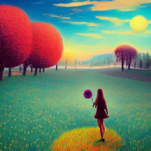 Image similar to girl with singular giant flower as a face, surreal photography, dream, dress flowing into flower field, hills, big trees, sunrise dramatic light, impressionist painting, colorful clouds, digital painting, pointillism, artstation, simon stalenhag