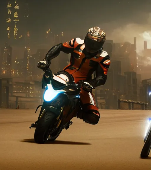 Prompt: mamimi samejima riding in a motorcycle race to the ancient and majestic tower of babylon destroyed, tron legacy, hyper realistic, ambient lighting, concept art, intricate, hyper detailed, trakovsky greatest scene, smooth, dynamic volumetric lighting, octane, raytrace, cinematic, high quality, high resolution, 4 k, cgsociety, rutkowski, gurney
