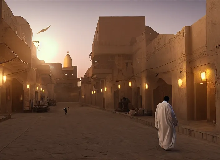 Prompt: old jeddah city alley, roshan, old shops, horse, magical glowing sand gateway to another dimension, several robots! and a man wearing a white robe standing watching over, dramatic lighting, dawn, by caspar david friedrich, unreal engine 5