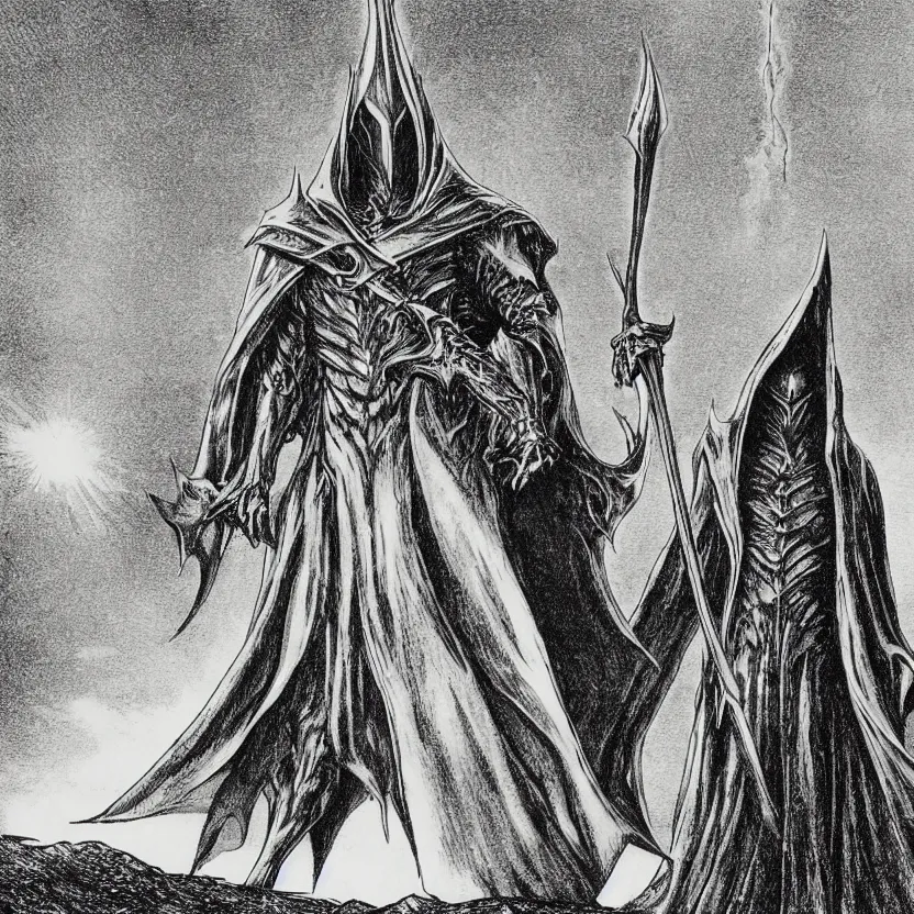 Prompt: an etching of sauron standing, surrounded by kneeling nazgul