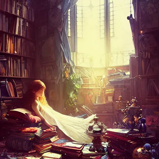 Prompt: Portrait of a girl in cluttered room, reading a book under the skylight, fantasy, intricate, elegant, highly detailed, digital painting, artstation, concept art, smooth, sharp focus, illustration, art by Krenz Cushart and Artem Demura and alphonse mucha