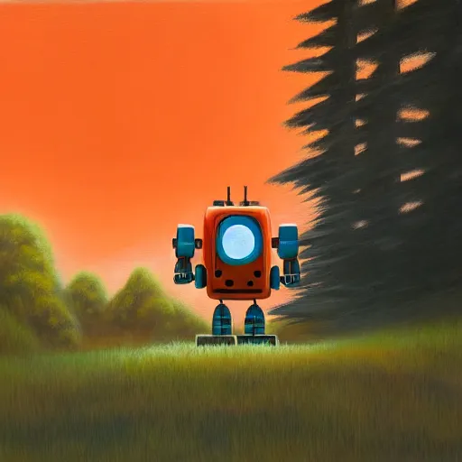 Image similar to a painting of a robot in the middle of a forest by laika studios, detailed, dynamic perspective, ghibli - style, disney - style, orange sky, realistic shading, mixed media