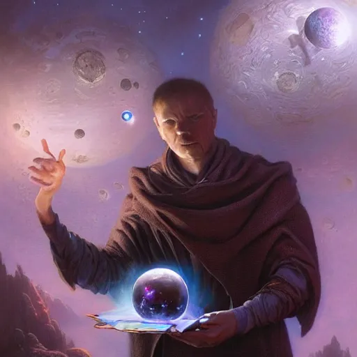 Image similar to the creator of worlds wearing a cloak and holding a holographic planet projection in his hand, detailed, sci - fi, digital painting, artstation, sharp focus, illustration, ominous, artgerm, tomasz alen kopera, peter mohrbacher, donato giancola, joseph christian leyendecker, wlop, frank frazetta