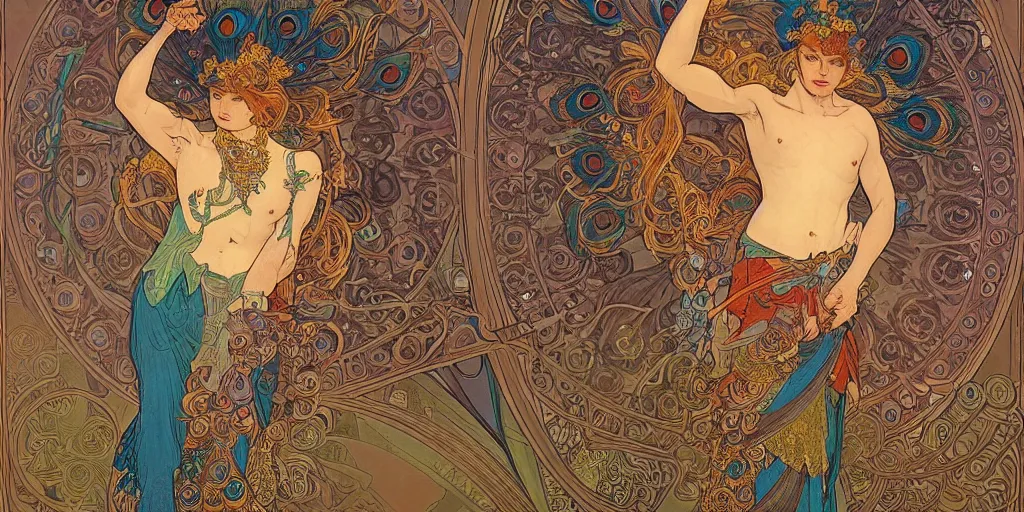 Prompt: epic illustration of a peacock god, by james jean, by alphonse mucha. uhd, amazing depth, cinematic lighting