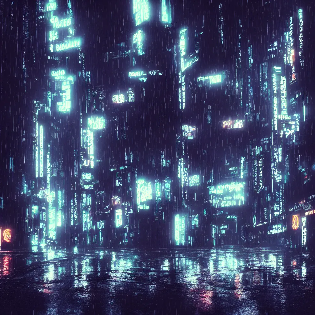 Prompt: dark city street in the rain, black cat, neon lights, cyberpunk, year 2 9 9 9, blade runner, octane render, 4 k