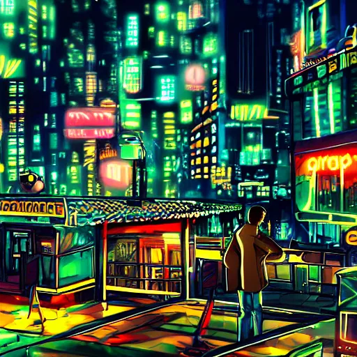 Prompt: one man standing in front of a cyberperunk city, neon lights, anime, night, very beautiful, trending on deviantart,