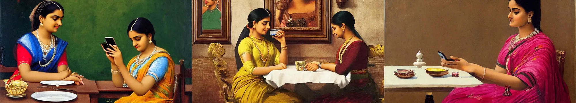 Prompt: a young beautiful lady is sitting at the table using her iphone, in style of Raja Ravi Verma