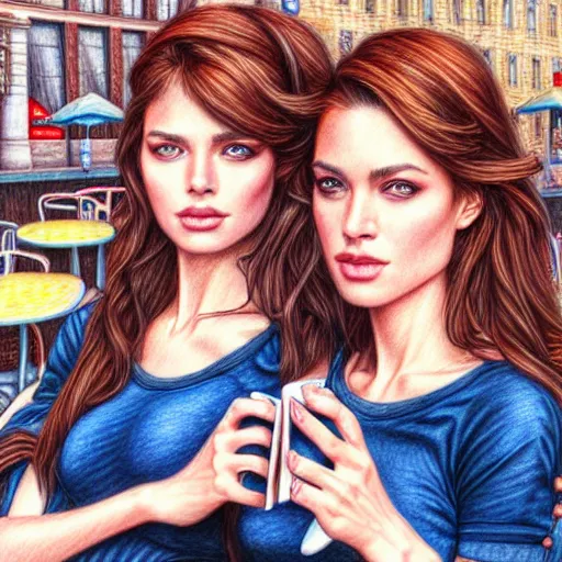 Image similar to French sisters in a café posing for the camera. insanely and epically detailed supreme-quality color pencil artwork, amazingly composed image, epic pencil illustration by Artgerm and Stanley Law.