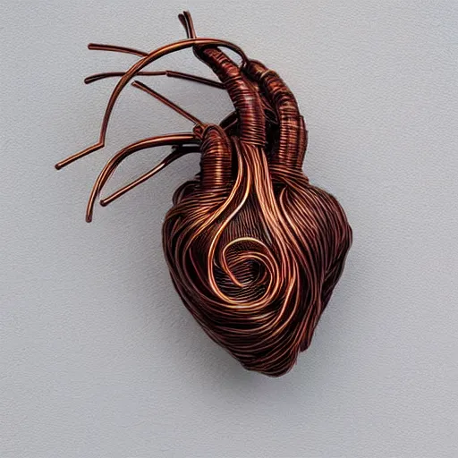 Image similar to a very beautiful tiny ( ( ( ( human heart ) ) ) )!!!!!!!!!!!!!!!!!!!!!!!!! organic sculpture made of copper wire and threaded pipes, very intricate, curved. studio lighting, high resolution, high quality, black background