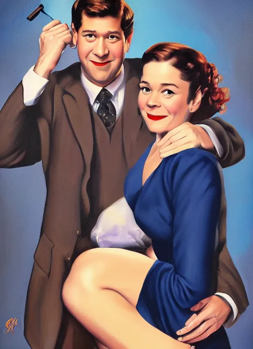 Image similar to portrait painting of jim halpert and pam beesly, dark background, in the style of gil elvgren