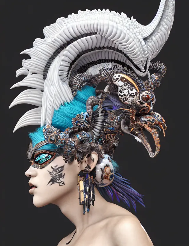 Image similar to 3 d goddess close - up profile portrait punk with mohawk with ram skull. beautiful intricately detailed japanese crow kitsune mask and clasical japanese kimono. betta fish, jellyfish phoenix, bio luminescent, plasma, ice, water, wind, creature, artwork by tooth wu and wlop and beeple and greg rutkowski