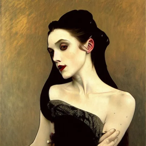 Prompt: A beautiful painting of a lady vampire, victorian, dracula, ominous, oil on canvas, photorealism, alphonse mucha, caravaggio, high definition, soft light