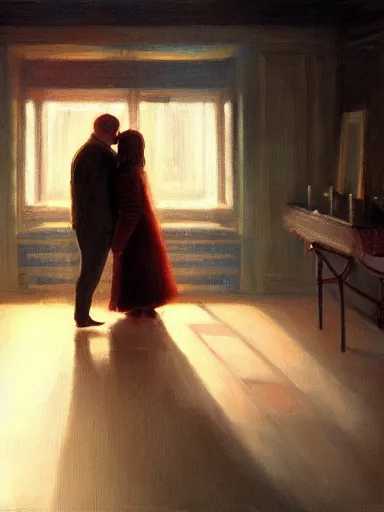 Prompt: masterpiece painting by jean hugo, of a solo individual portrait of a guy and a girl kissing, cinematic light, atmospheric effects, artstation