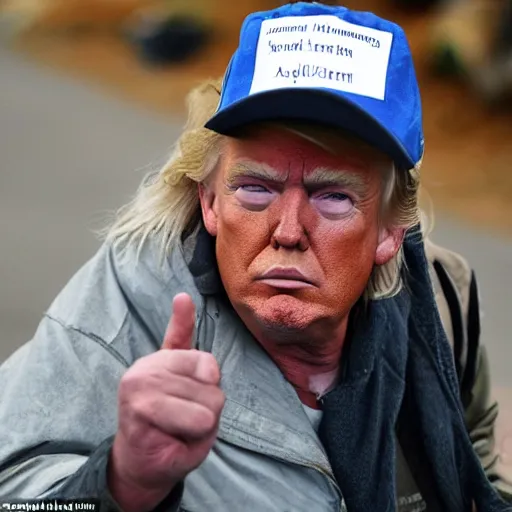 Image similar to donald trump dressed as a homeless man living in the slums