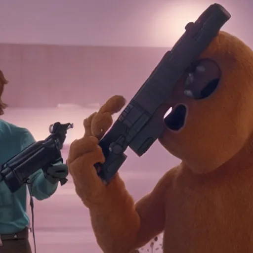 Image similar to scooby doo holding a gun, film still from the movie directed by denis villeneuve with art direction by bill ward, wide lens