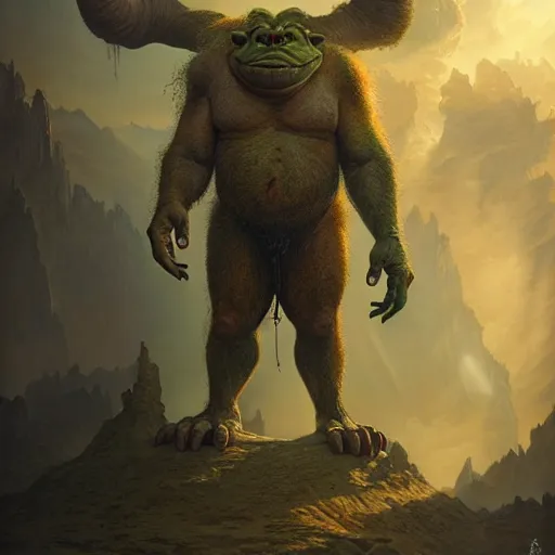 Image similar to a hyperrealistic illustration of a mix of an oger and giant and goblin, 8 k ultra realistic creature, detailed intricate, with fractal sunlight, award - winning, masterpiece, in the style of tom bagshaw, cedric peyravernay, peter mohrbacher