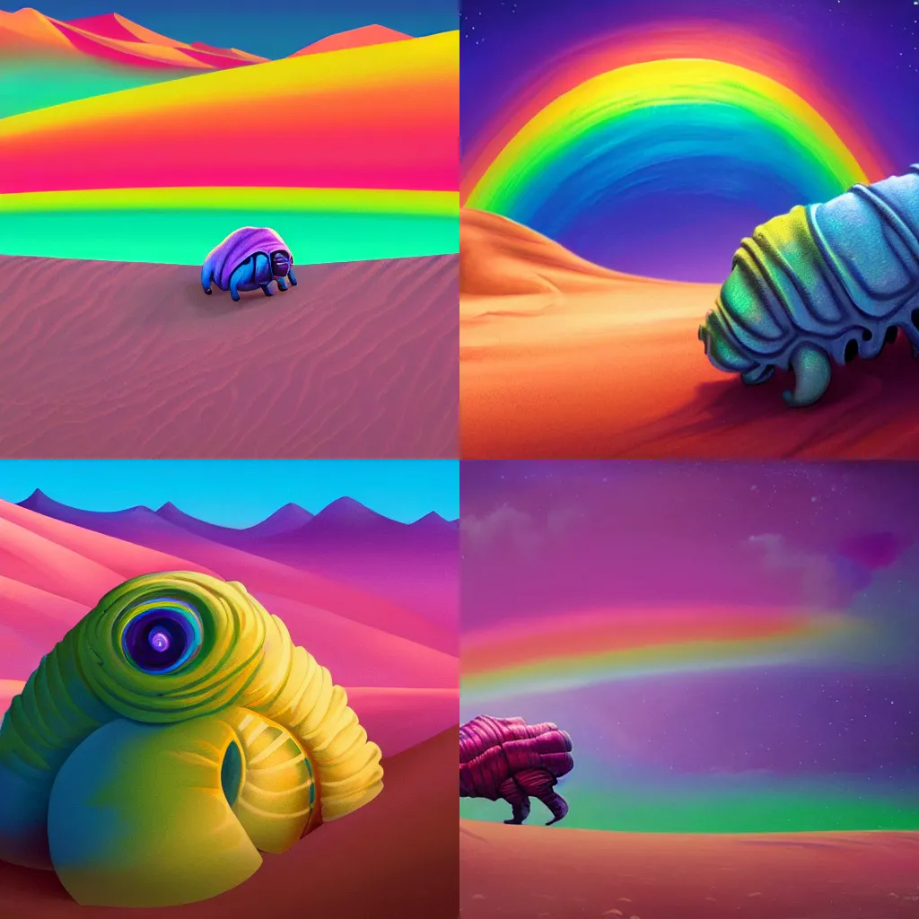 Prompt: beautiful matte painting of rainbow colored tardigrade coming out of sand dune in a neon desert by dan mumford and lisa frank, unreal engine, concept art, close up, vivid, trending on artstation