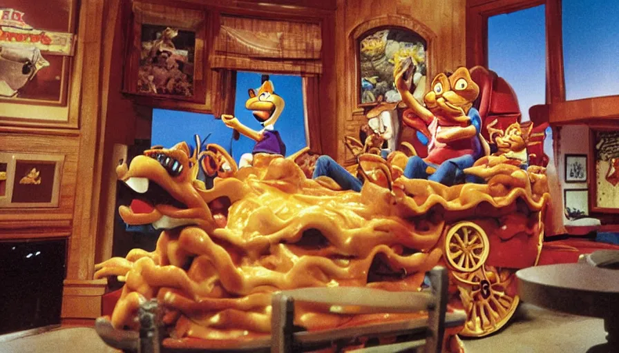 Prompt: 1990s photo of inside the Garfield ride at Universal Studios in Orlando, Florida, riding a plate of Lasagna with Garfield through a living room filled with tons of food, cinematic, UHD