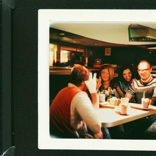 Image similar to a polaroid photo of people at a diner, detailed, hq, lens flare, realistic