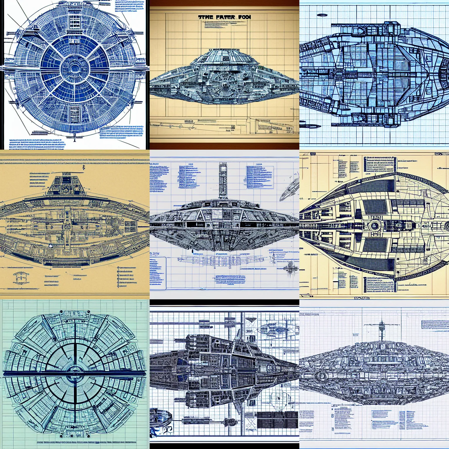 Prompt: blueprint of the millennium falcon, detailed, infographic, structured writings, space grid, old manuscript, in style of h. r. da vinci giger