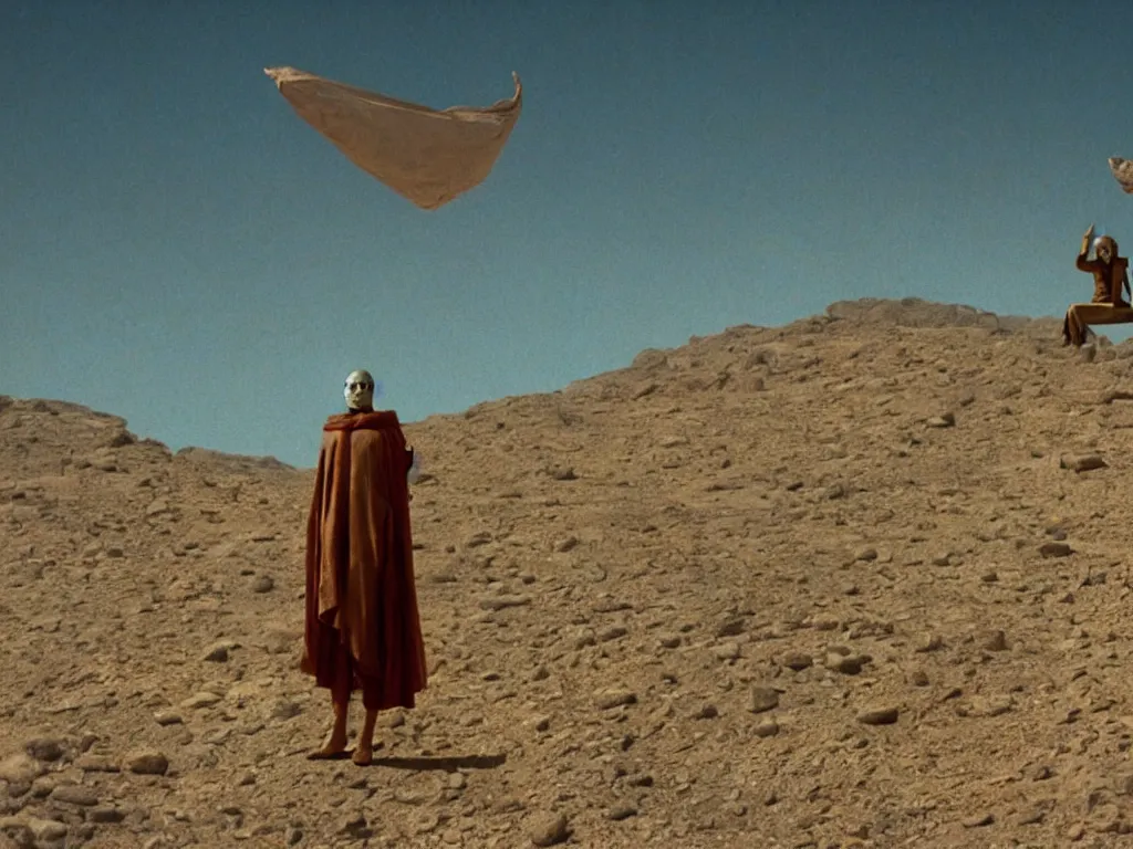 Prompt: levitating bene gesserit with full - face golden mask and glowing eyes in a dry rocky desert landscape, visible sky and sunny atmosphere, fata morgana giant mirrors, giant alien spaceship in the sky by alejandro jodorowsky, anamorphic lens, kodakchrome, cinematic composition, practical effects, 8 k,