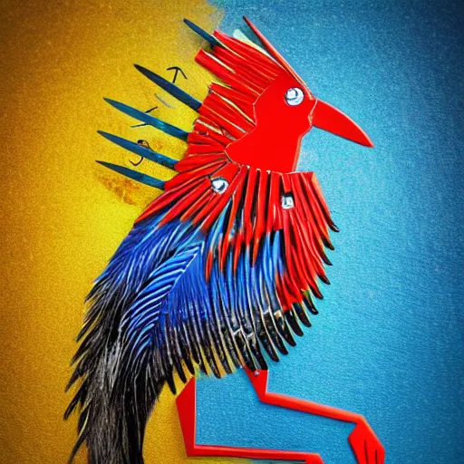 Prompt: photo of mechanical bird, red airbrush on yellow tail saw, blue iron feathers, black scissor beak, head made of colorful forks, digital art, 8 k