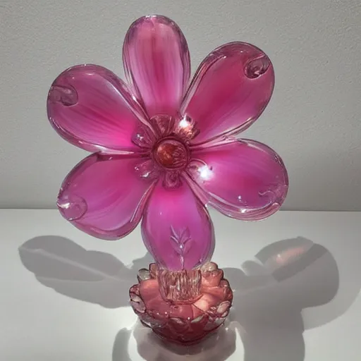 Prompt: highly detailed 🌺 flower sculpture, pink and clear murano glass, beautiful lighting