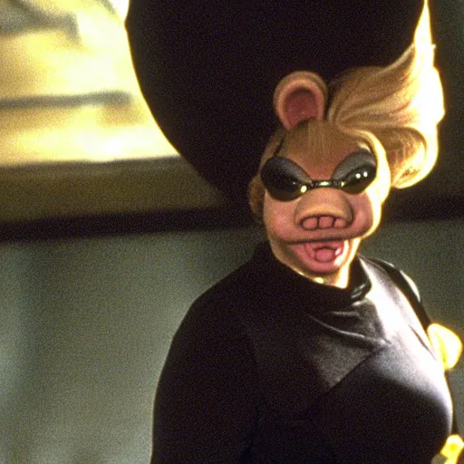 Prompt: movie still of trinity as miss piggy in the matrix 1 9 9 9 movie