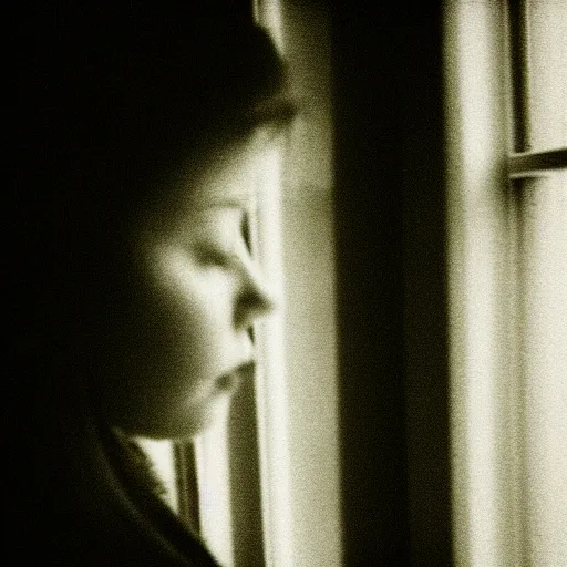 Image similar to black and white photograph portrait of a depressed woman standing by the window, natural light, lomo, film grain, soft vignette, sigma 85mm f/1.4 1/10 sec shutter