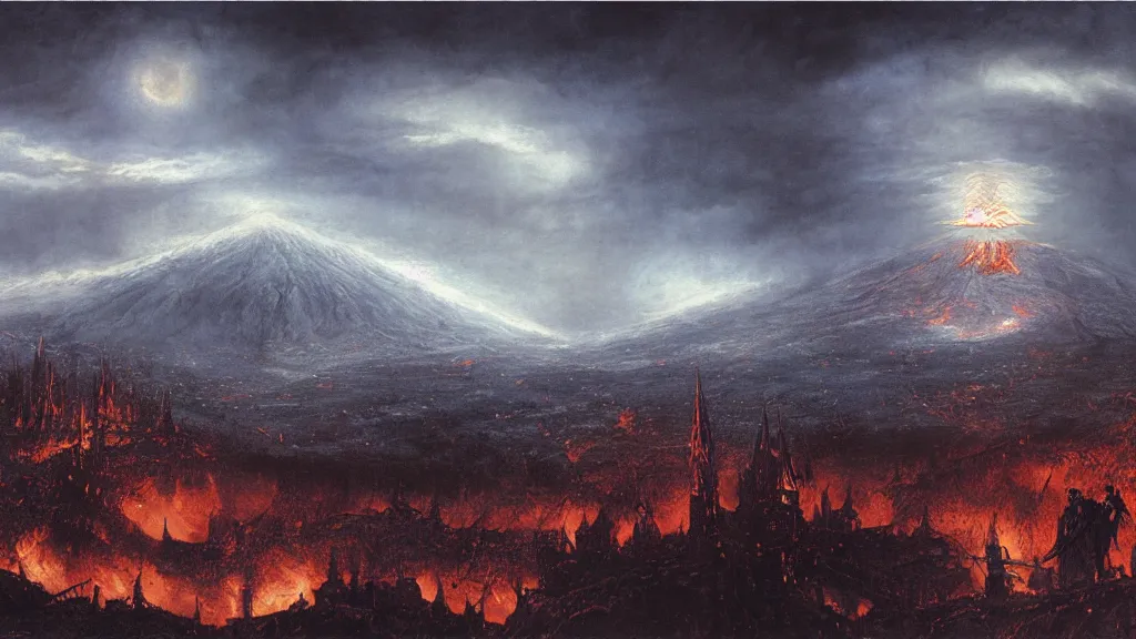 Image similar to darkness over morder, flaming eye of sauron seen in the dark clouds above. by alan lee, intricate, lord of the rings calendar, smooth, detailed terrain, oil painting, trending artstation, concept art, matte painting