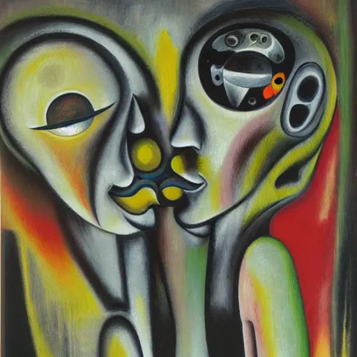 Image similar to Oil painting by Roberto Matta. Strange mechanical beings kissing. Portrait by Yoshitomo Nara.