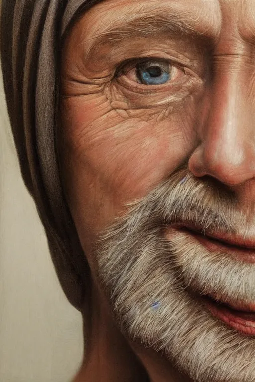 Image similar to hyperrealism close-up portrait a face divided in half into young and old in style of da Vinci