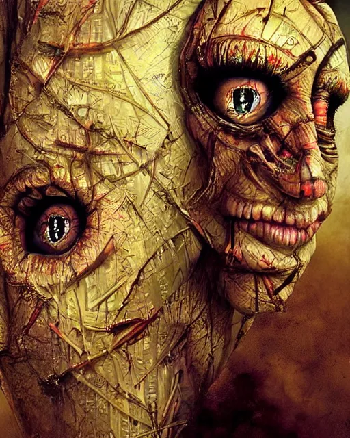 Image similar to halloween mummy themed surrealist art in the styles of igor morski, jim warren, and a tim burton film, intricate, hyperrealistic, accurate facial details, volumetric lighting