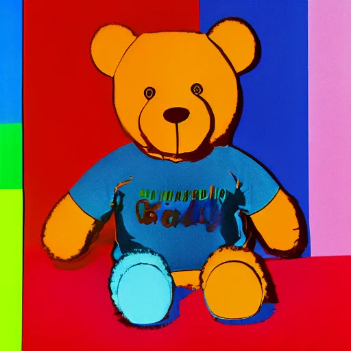 Image similar to a teddy bear, fashion model, by andy warhol, bi colors, masterpiece composition, amazing graphic