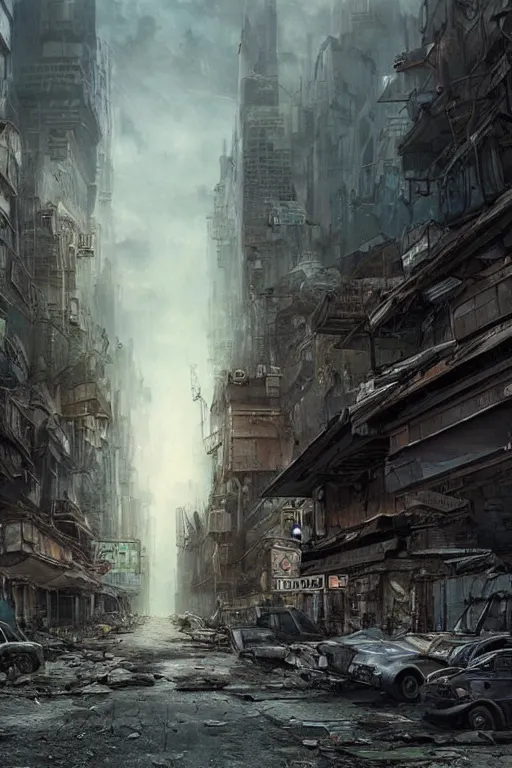 Prompt: postapocalyptic city street by arthur haas, cinematic matte painting