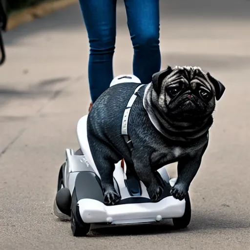 Prompt: a morbidly obese pug riding a mobility scooter, high resolution photo