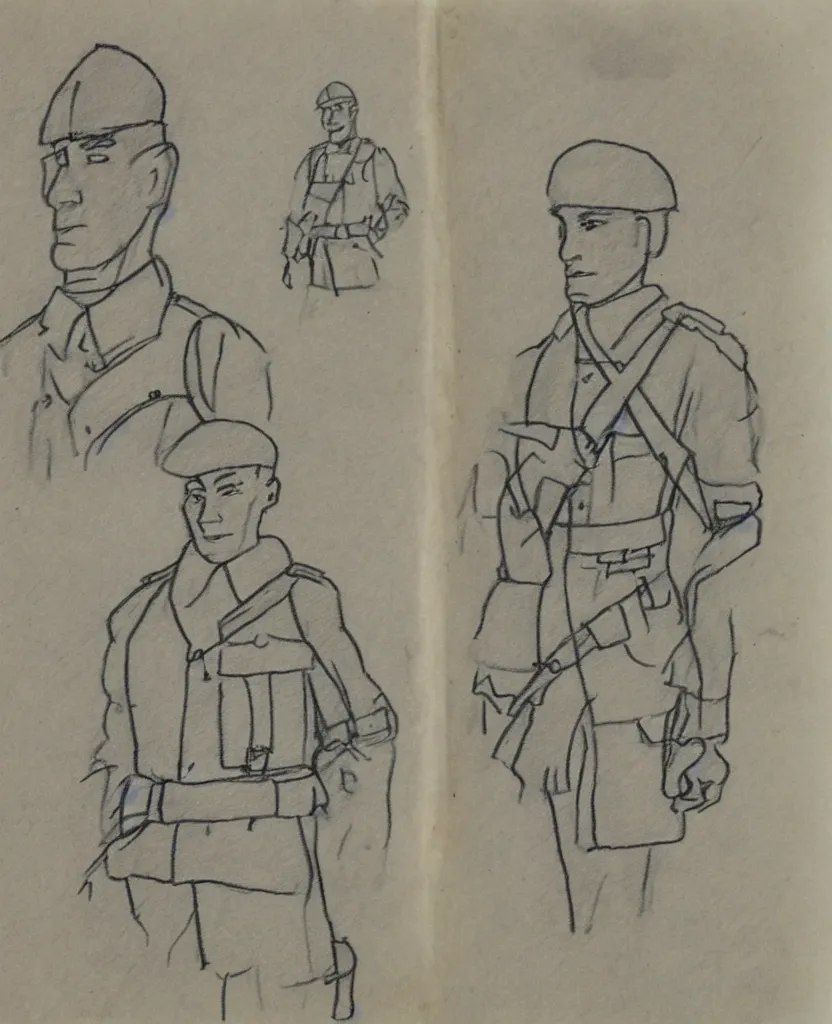 Image similar to sketchbook pages, stil frames of a drawing of a soldier from wwii writing a letter to home, stop motion, minimal, black and wite