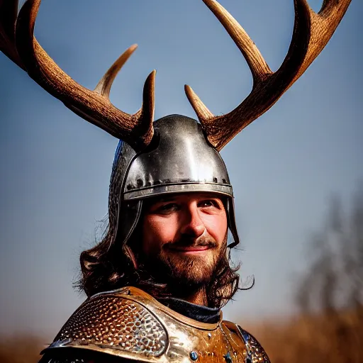 Image similar to a head and shoulders action portrait photo of a knight in an antlered helmet