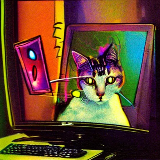 Image similar to computer monitor with a cat stuck inside, surreal, colorful, Ralph Bakshi