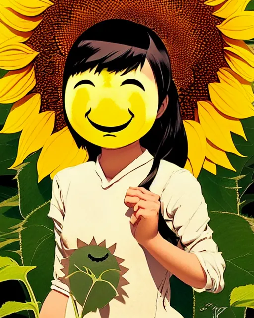 Image similar to sunflower with a smiley face, cinematic, dramatic, super detailed and intricate, by koson ohara, by darwyn cooke, by greg rutkowski, by satoshi kon