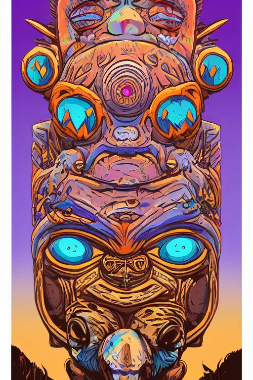 Image similar to totem animal mask tribal feather gemstone plant wood rock shaman vodoo video game vector illustration vivid multicolor borderlands comics by josan gonzales and dan mumford radiating a glowing aura