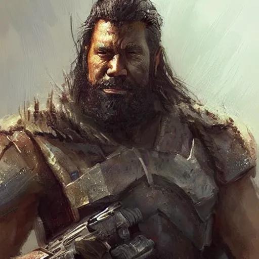 Image similar to portrait of a man by greg rutkowski, old bounty hanter, samoan features, tall and muscular, epic beard, star wars expanded universe, he is about 8 0 years old, wearing tactical armor gear.