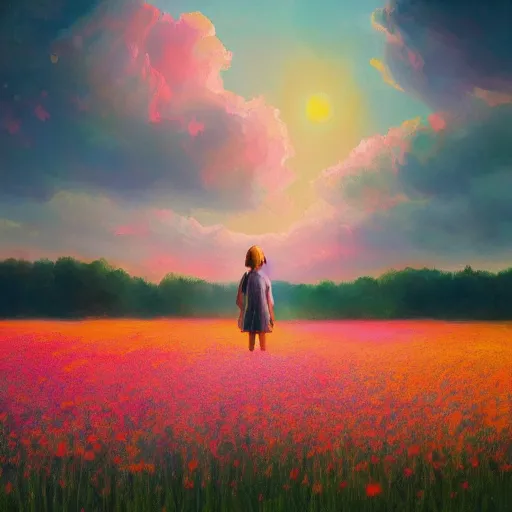 Image similar to large flower head, girl standing in a flower field, surreal photography, sunrise dramatic light, impressionist painting, colorful clouds, digital painting, artstation, simon stalenhag